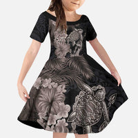 Hawaiian Tropical Plants Turtle and Shark Family Matching Off Shoulder Maxi Dress and Hawaiian Shirt Polynesian Art Tattoo Grayscale Color LT03 Daughter's Dress Black - Polynesian Pride