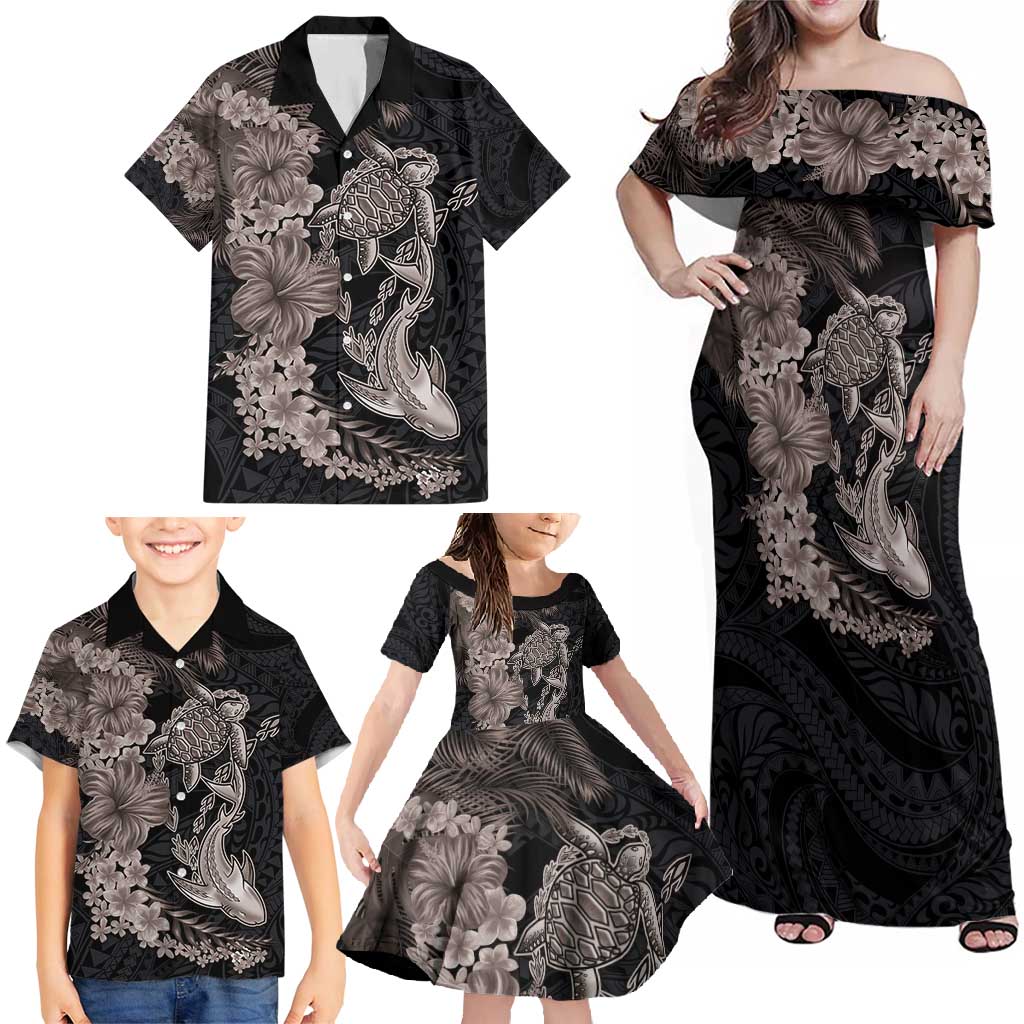 Hawaiian Tropical Plants Turtle and Shark Family Matching Off Shoulder Maxi Dress and Hawaiian Shirt Polynesian Art Tattoo Grayscale Color LT03 - Polynesian Pride