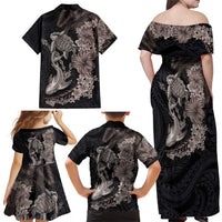 Hawaiian Tropical Plants Turtle and Shark Family Matching Off Shoulder Maxi Dress and Hawaiian Shirt Polynesian Art Tattoo Grayscale Color LT03 - Polynesian Pride