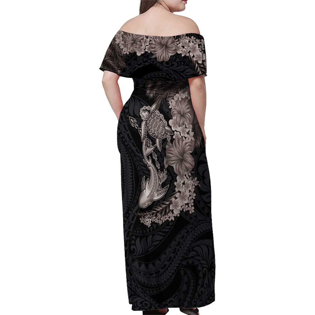 Hawaiian Tropical Plants Turtle and Shark Family Matching Off Shoulder Maxi Dress and Hawaiian Shirt Polynesian Art Tattoo Grayscale Color LT03 - Polynesian Pride