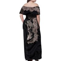 Hawaiian Tropical Plants Turtle and Shark Family Matching Off Shoulder Maxi Dress and Hawaiian Shirt Polynesian Art Tattoo Grayscale Color LT03 - Polynesian Pride