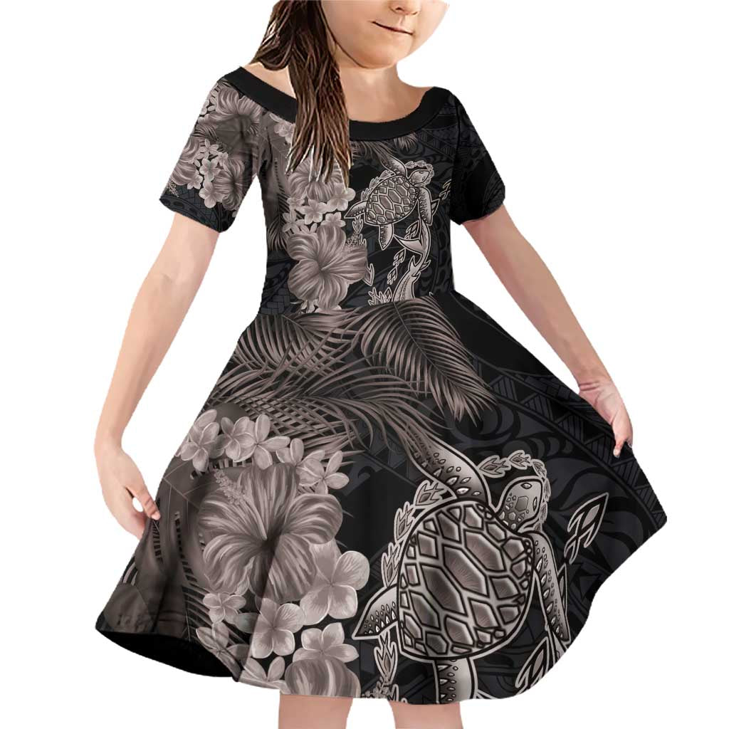 Hawaiian Tropical Plants Turtle and Shark Family Matching Off Shoulder Short Dress and Hawaiian Shirt Polynesian Art Tattoo Grayscale Color LT03 Daughter's Dress Black - Polynesian Pride