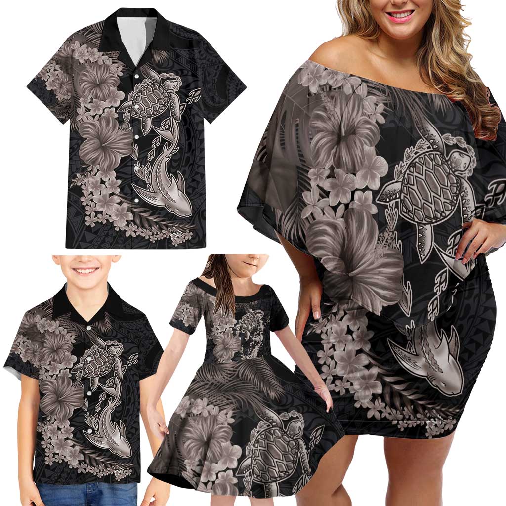 Hawaiian Tropical Plants Turtle and Shark Family Matching Off Shoulder Short Dress and Hawaiian Shirt Polynesian Art Tattoo Grayscale Color