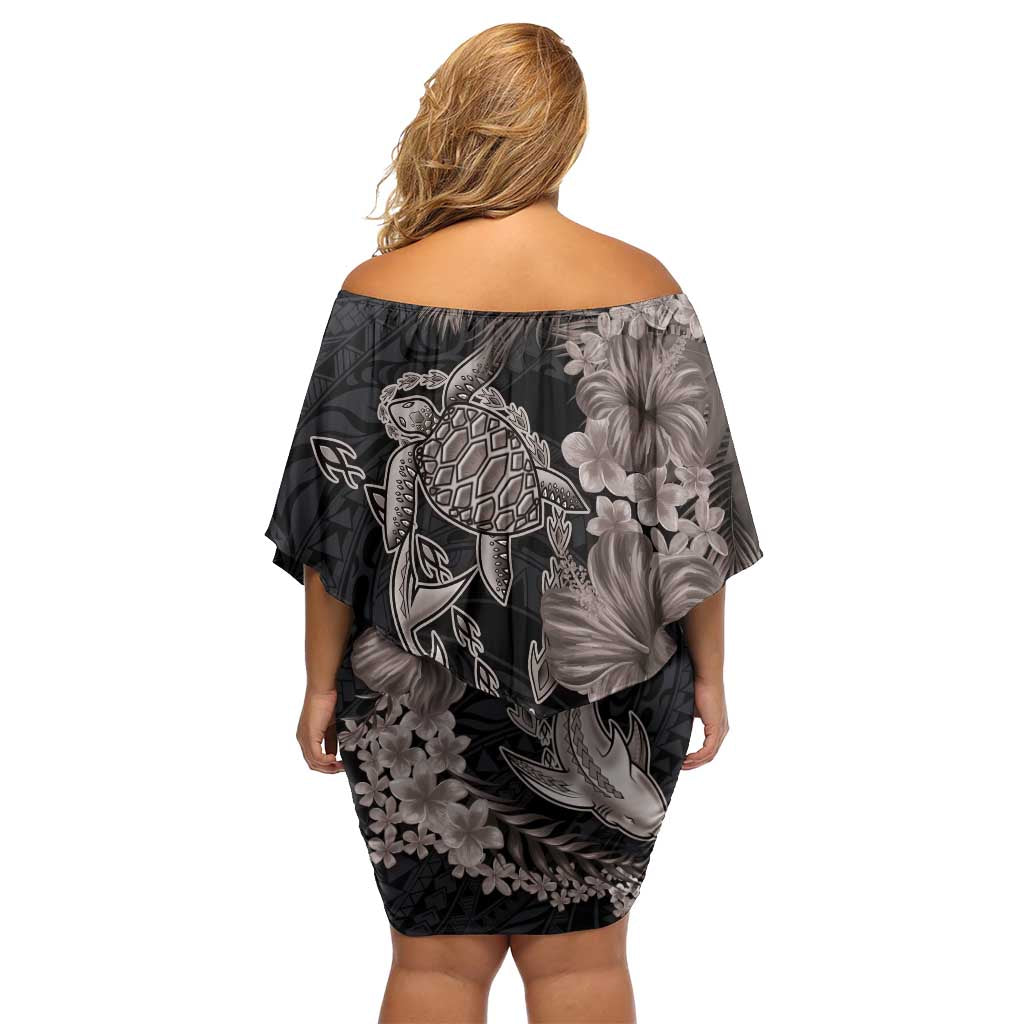 Hawaiian Tropical Plants Turtle and Shark Family Matching Off Shoulder Short Dress and Hawaiian Shirt Polynesian Art Tattoo Grayscale Color LT03 - Polynesian Pride