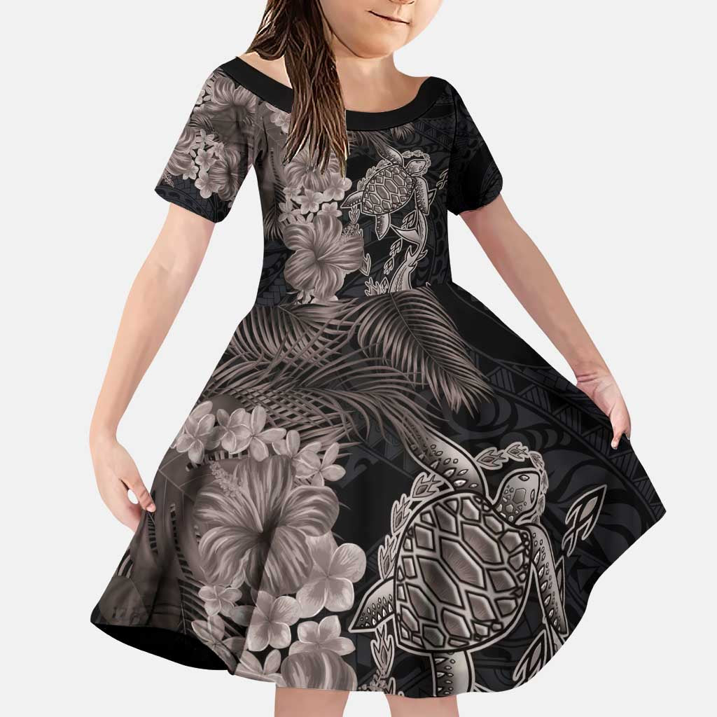 Hawaiian Tropical Plants Turtle and Shark Family Matching Puletasi and Hawaiian Shirt Polynesian Art Tattoo Grayscale Color LT03 Daughter's Dress Black - Polynesian Pride