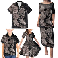 Hawaiian Tropical Plants Turtle and Shark Family Matching Puletasi and Hawaiian Shirt Polynesian Art Tattoo Grayscale Color LT03 - Polynesian Pride