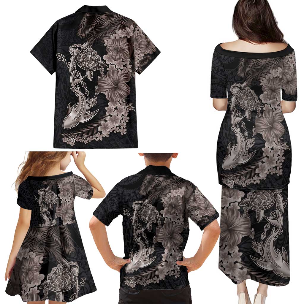 Hawaiian Tropical Plants Turtle and Shark Family Matching Puletasi and Hawaiian Shirt Polynesian Art Tattoo Grayscale Color LT03 - Polynesian Pride