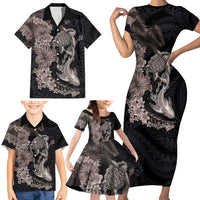 Hawaiian Tropical Plants Turtle and Shark Family Matching Short Sleeve Bodycon Dress and Hawaiian Shirt Polynesian Art Tattoo Grayscale Color LT03 - Polynesian Pride