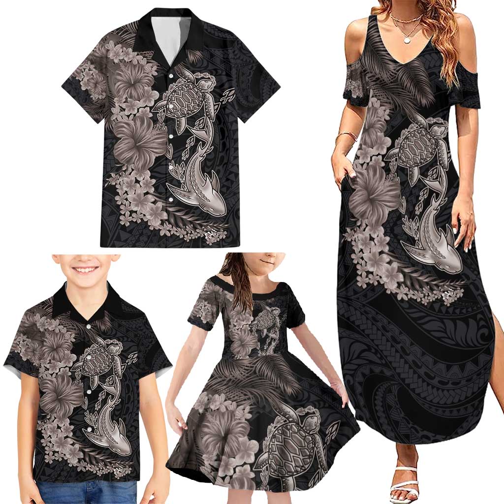 Hawaiian Tropical Plants Turtle and Shark Family Matching Summer Maxi Dress and Hawaiian Shirt Polynesian Art Tattoo Grayscale Color LT03 - Polynesian Pride