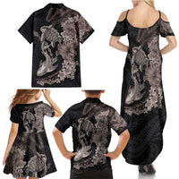 Hawaiian Tropical Plants Turtle and Shark Family Matching Summer Maxi Dress and Hawaiian Shirt Polynesian Art Tattoo Grayscale Color LT03 - Polynesian Pride
