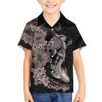 Hawaiian Tropical Plants Turtle and Shark Family Matching Summer Maxi Dress and Hawaiian Shirt Polynesian Art Tattoo Grayscale Color LT03 Son's Shirt Black - Polynesian Pride