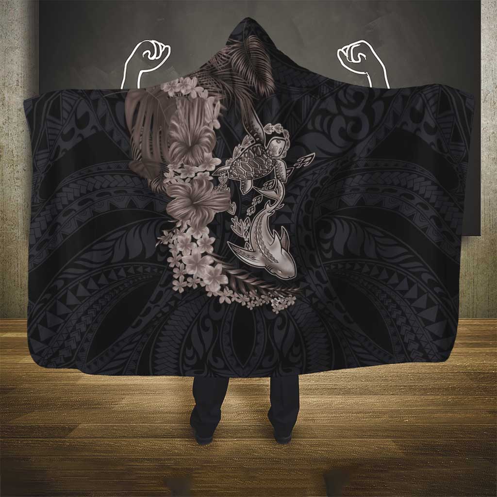 Hawaiian Tropical Plants Turtle and Shark Hooded Blanket Polynesian Art Tattoo Grayscale Color