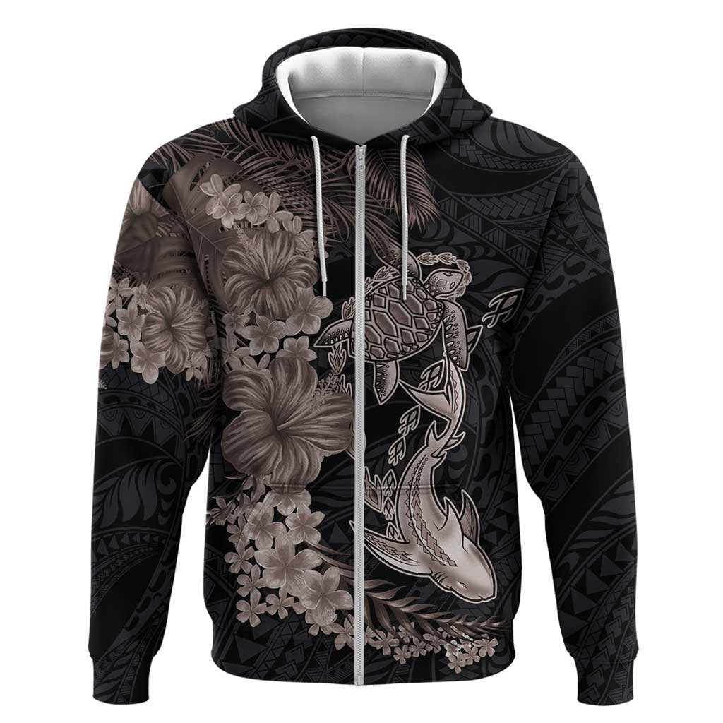 Hawaiian Tropical Plants Turtle and Shark Hoodie Polynesian Art Tattoo Grayscale Color