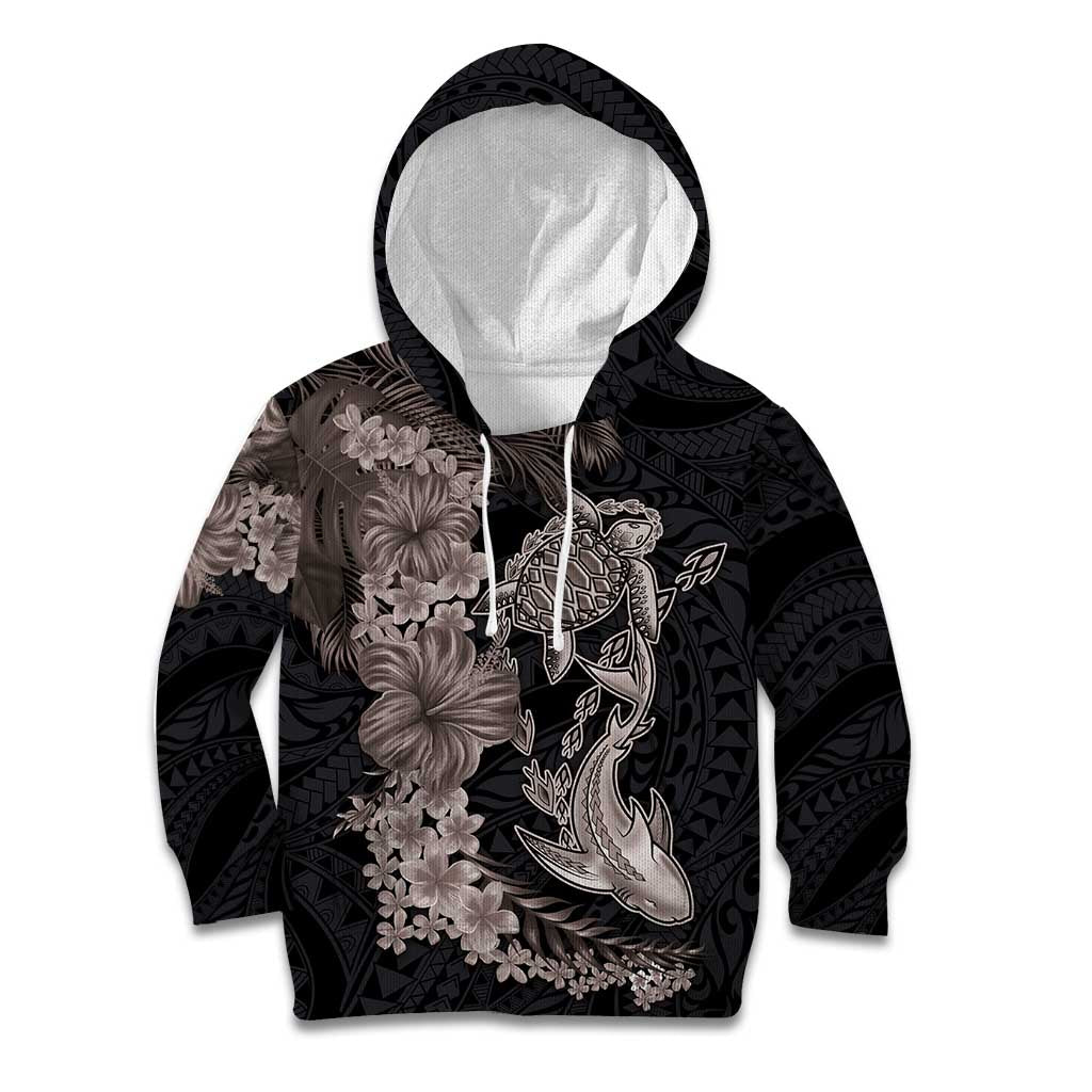 Hawaiian Tropical Plants Turtle and Shark Kid Hoodie Polynesian Art Tattoo Grayscale Color