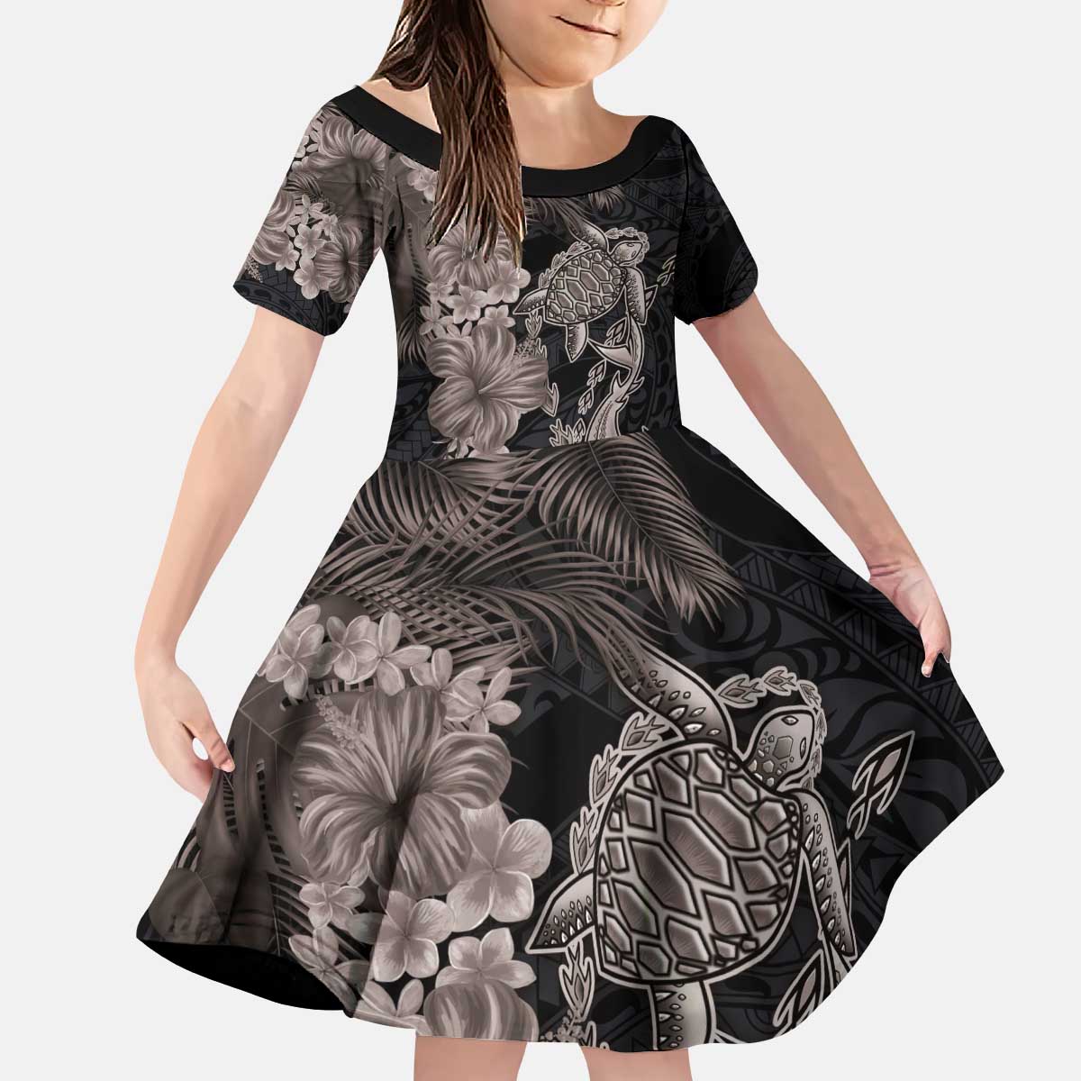 Hawaiian Tropical Plants Turtle and Shark Kid Short Sleeve Dress Polynesian Art Tattoo Grayscale Color