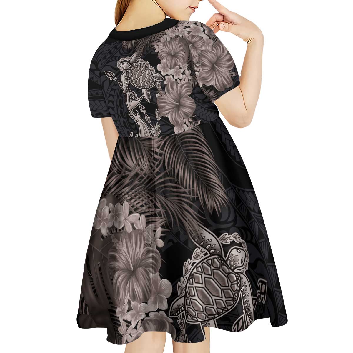 Hawaiian Tropical Plants Turtle and Shark Kid Short Sleeve Dress Polynesian Art Tattoo Grayscale Color