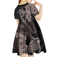 Hawaiian Tropical Plants Turtle and Shark Kid Short Sleeve Dress Polynesian Art Tattoo Grayscale Color