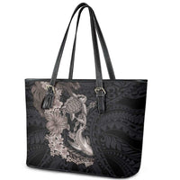 Hawaiian Tropical Plants Turtle and Shark Leather Tote Bag Polynesian Art Tattoo Grayscale Color