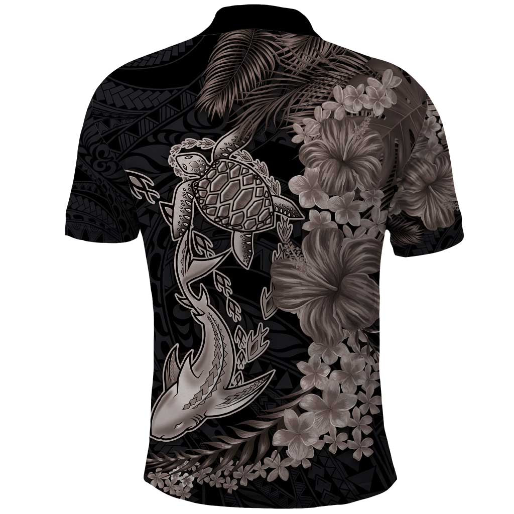 Hawaiian Tropical Plants Turtle and Shark Polo Shirt Polynesian Art Tattoo Grayscale Color