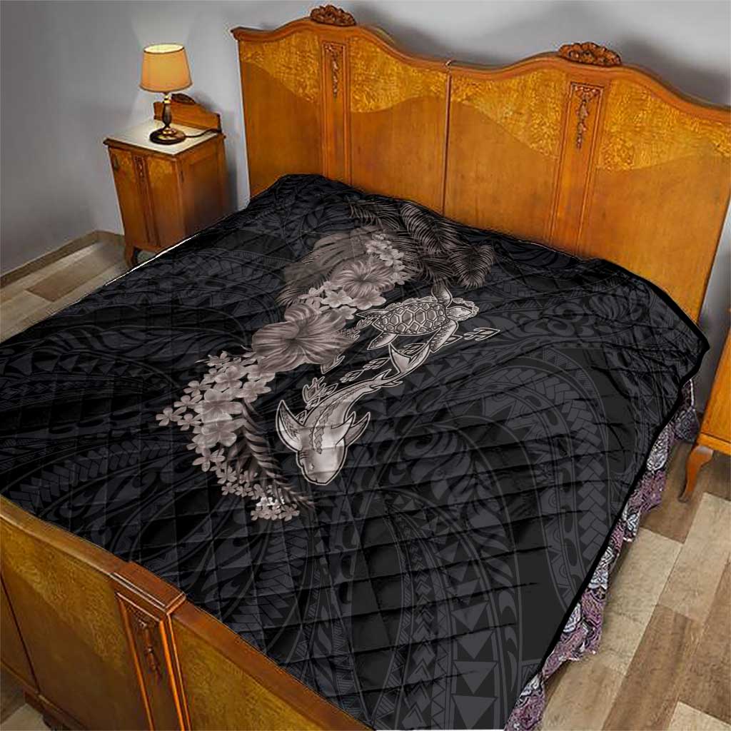 Hawaiian Tropical Plants Turtle and Shark Quilt Polynesian Art Tattoo Grayscale Color