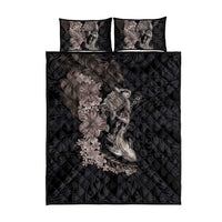 Hawaiian Tropical Plants Turtle and Shark Quilt Bed Set Polynesian Art Tattoo Grayscale Color