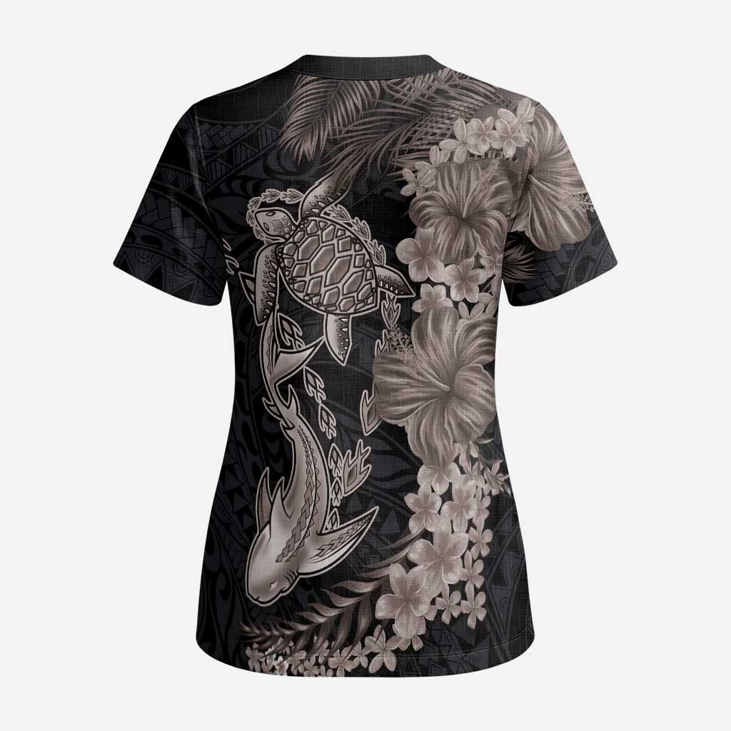 Hawaiian Tropical Plants Turtle and Shark Scrub Top Polynesian Art Tattoo Grayscale Color LT03 - Polynesian Pride
