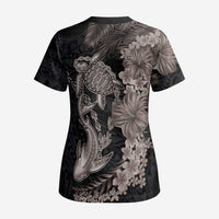 Hawaiian Tropical Plants Turtle and Shark Scrub Top Polynesian Art Tattoo Grayscale Color LT03 - Polynesian Pride