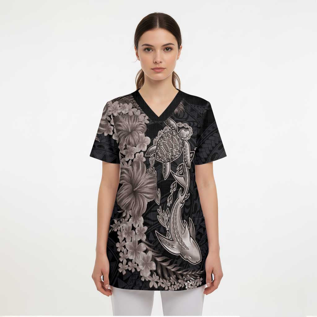 Hawaiian Tropical Plants Turtle and Shark Scrub Top Polynesian Art Tattoo Grayscale Color LT03 - Polynesian Pride