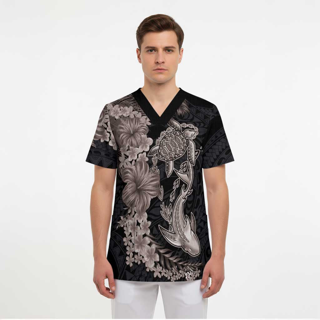 Hawaiian Tropical Plants Turtle and Shark Scrub Top Polynesian Art Tattoo Grayscale Color LT03 - Polynesian Pride