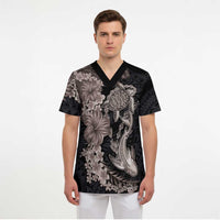 Hawaiian Tropical Plants Turtle and Shark Scrub Top Polynesian Art Tattoo Grayscale Color LT03 - Polynesian Pride