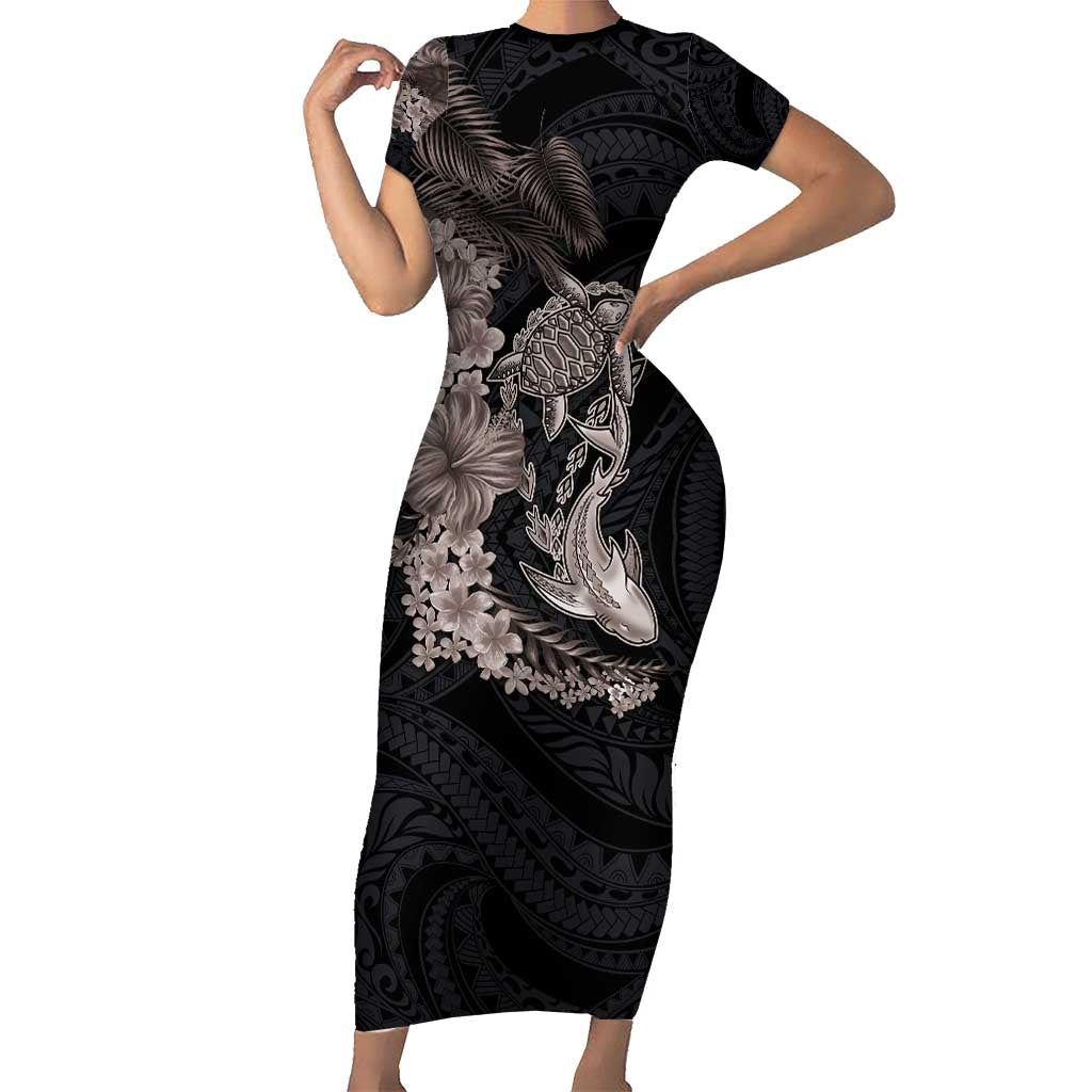 Hawaiian Tropical Plants Turtle and Shark Short Sleeve Bodycon Dress Polynesian Art Tattoo Grayscale Color