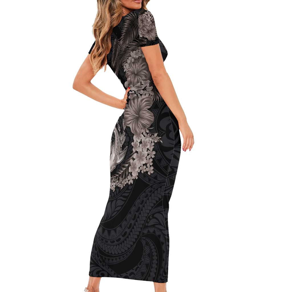 Hawaiian Tropical Plants Turtle and Shark Short Sleeve Bodycon Dress Polynesian Art Tattoo Grayscale Color