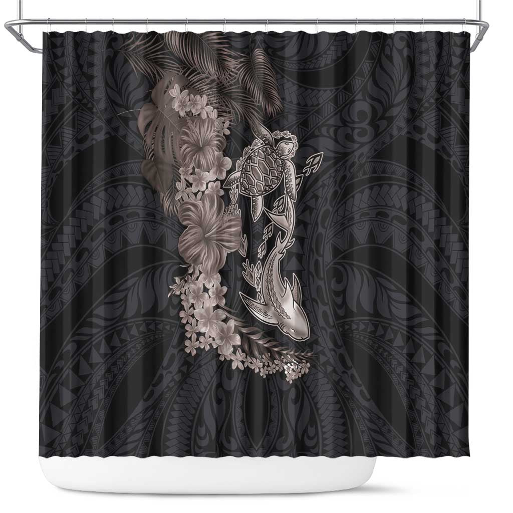 Hawaiian Tropical Plants Turtle and Shark Shower Curtain Polynesian Art Tattoo Grayscale Color