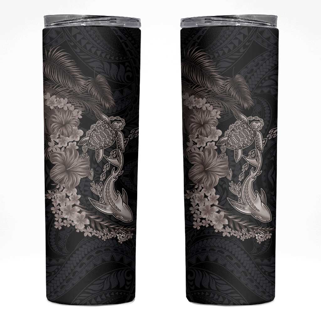 Hawaiian Tropical Plants Turtle and Shark Skinny Tumbler Polynesian Art Tattoo Grayscale Color