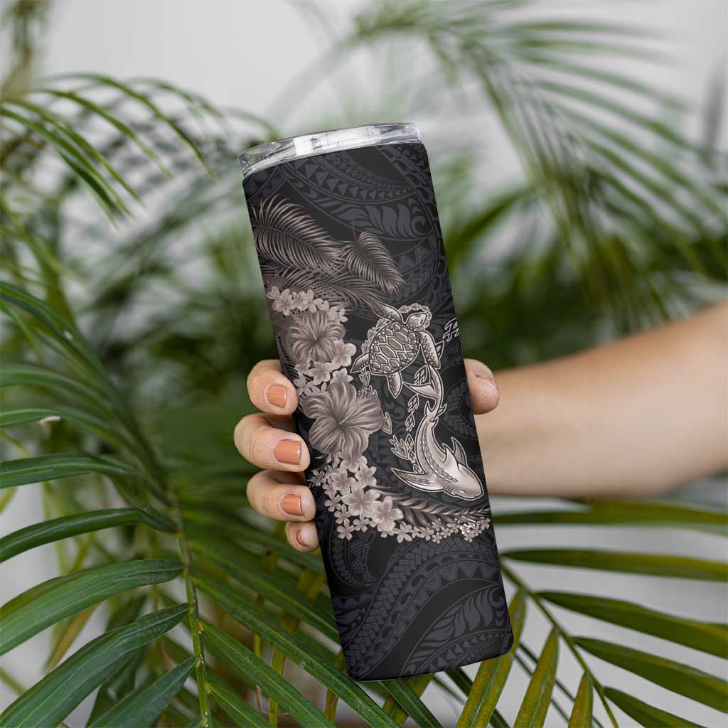 Hawaiian Tropical Plants Turtle and Shark Skinny Tumbler Polynesian Art Tattoo Grayscale Color