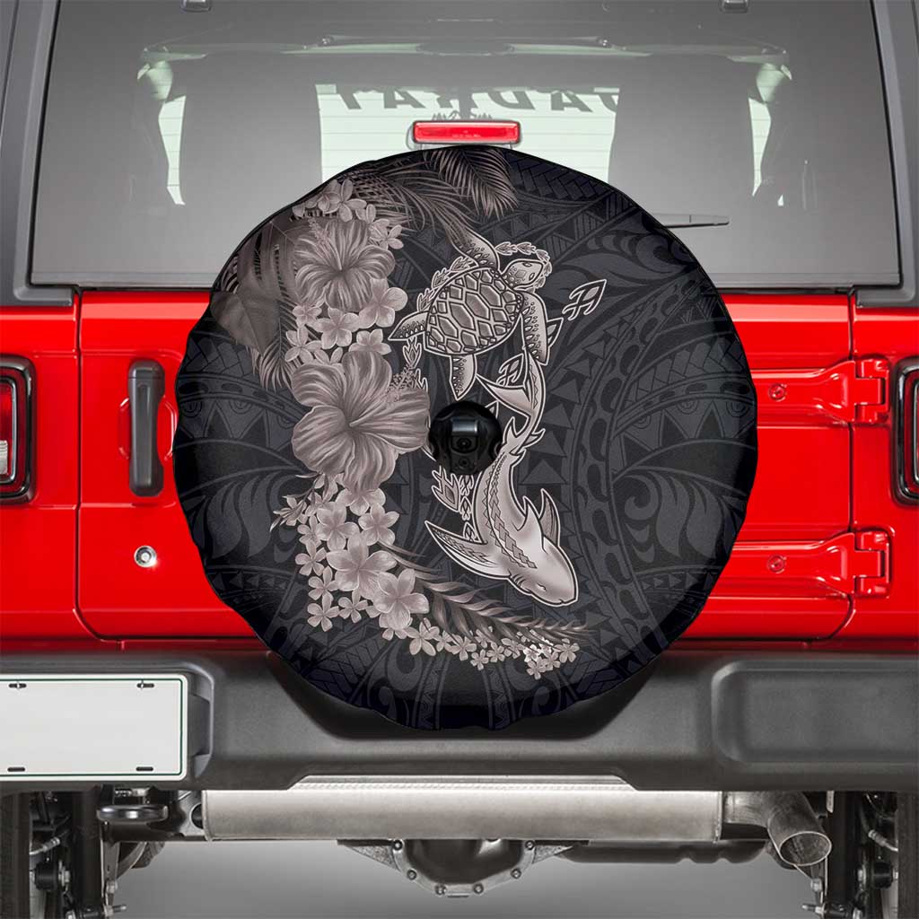Hawaiian Tropical Plants Turtle and Shark Spare Tire Cover Polynesian Art Tattoo Grayscale Color