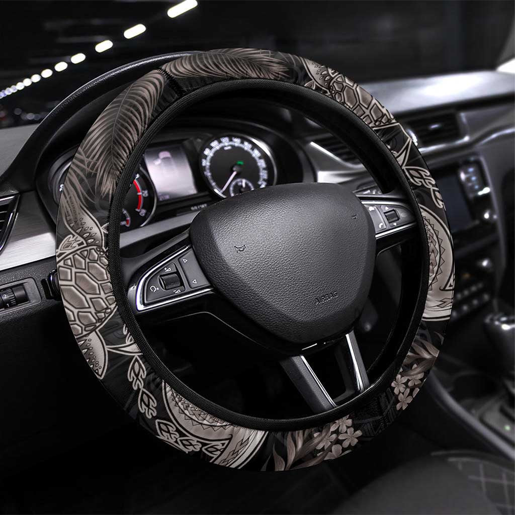 Hawaiian Tropical Plants Turtle and Shark Steering Wheel Cover Polynesian Art Tattoo Grayscale Color