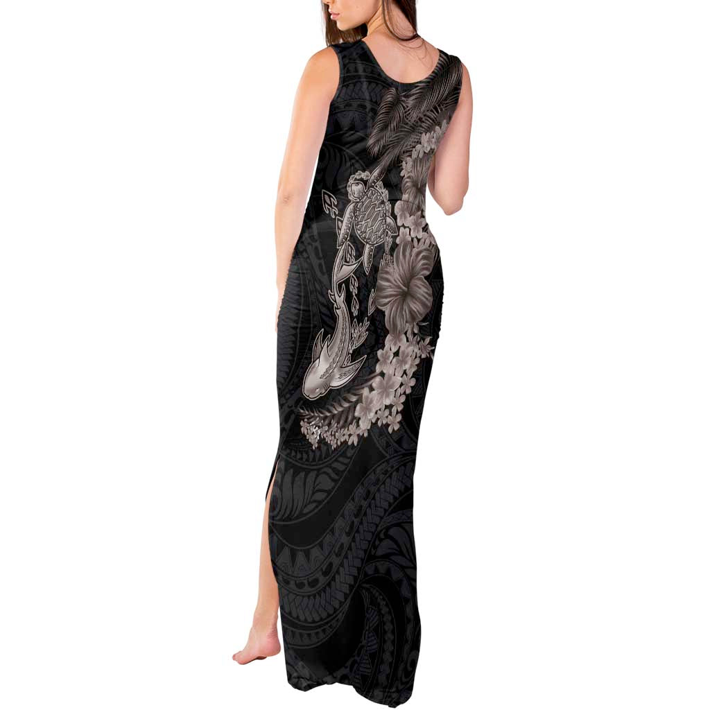 Hawaiian Tropical Plants Turtle and Shark Tank Maxi Dress Polynesian Art Tattoo Grayscale Color