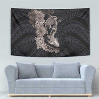 Hawaiian Tropical Plants Turtle and Shark Tapestry Polynesian Art Tattoo Grayscale Color