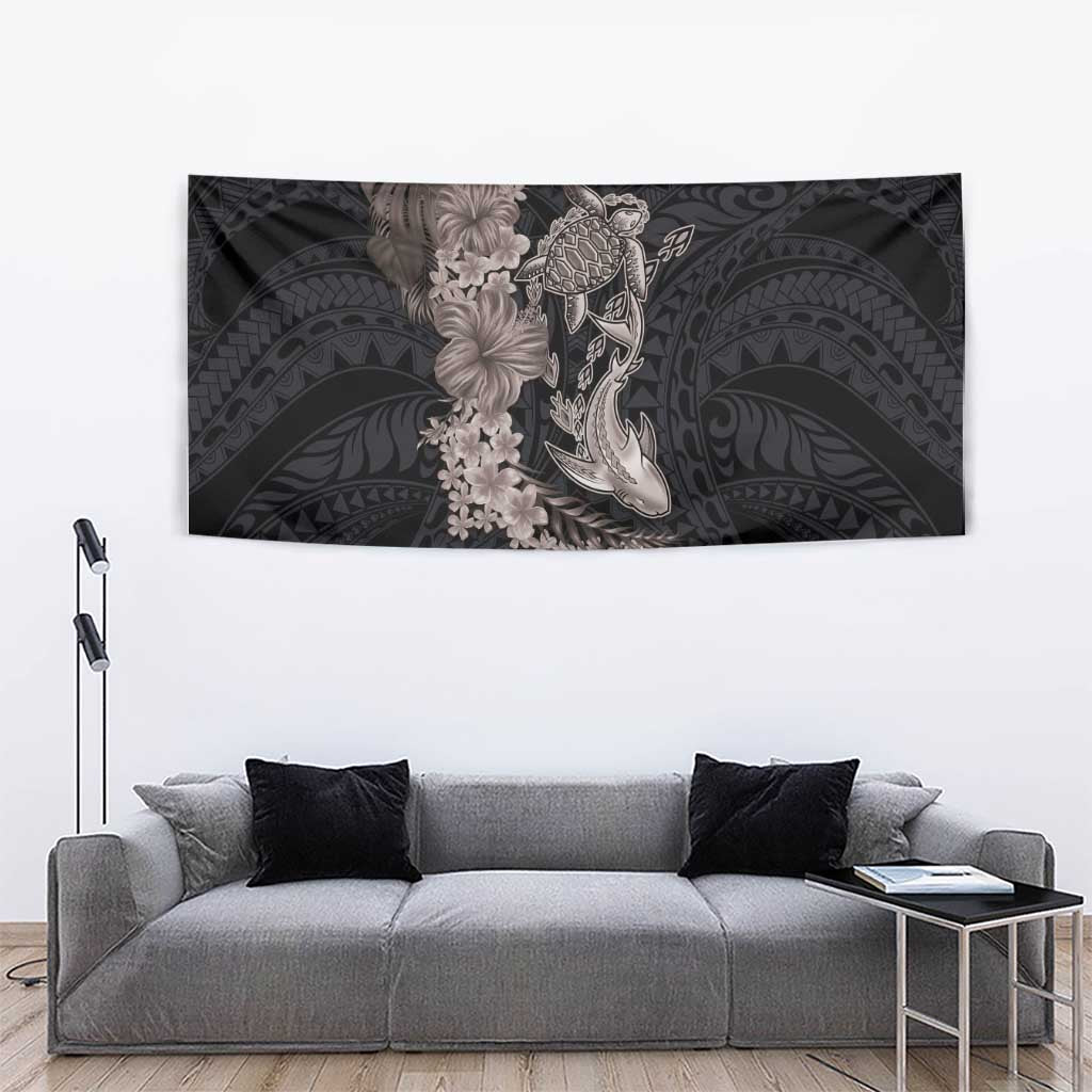 Hawaiian Tropical Plants Turtle and Shark Tapestry Polynesian Art Tattoo Grayscale Color