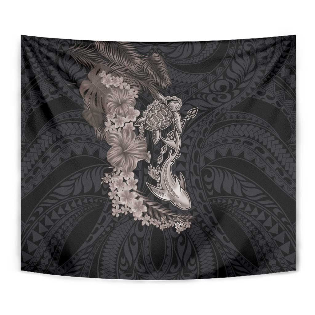 Hawaiian Tropical Plants Turtle and Shark Tapestry Polynesian Art Tattoo Grayscale Color
