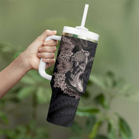 Hawaiian Tropical Plants Turtle and Shark Tumbler With Handle Polynesian Art Tattoo Grayscale Color