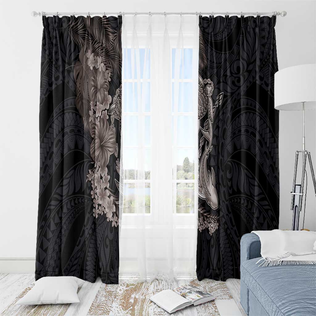 Hawaiian Tropical Plants Turtle and Shark Window Curtain Polynesian Art Tattoo Grayscale Color