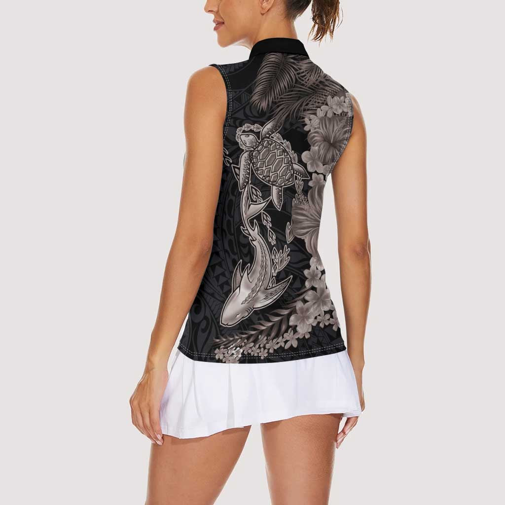 Hawaiian Tropical Plants Turtle and Shark Women Sleeveless Polo Shirt Polynesian Art Tattoo Grayscale Color LT03 - Polynesian Pride