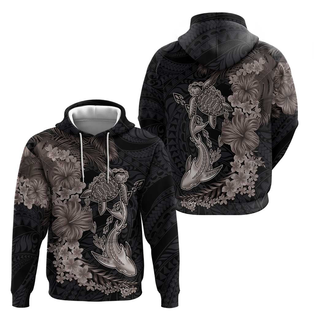 Hawaiian Tropical Plants Turtle and Shark Zip Hoodie Polynesian Art Tattoo Grayscale Color