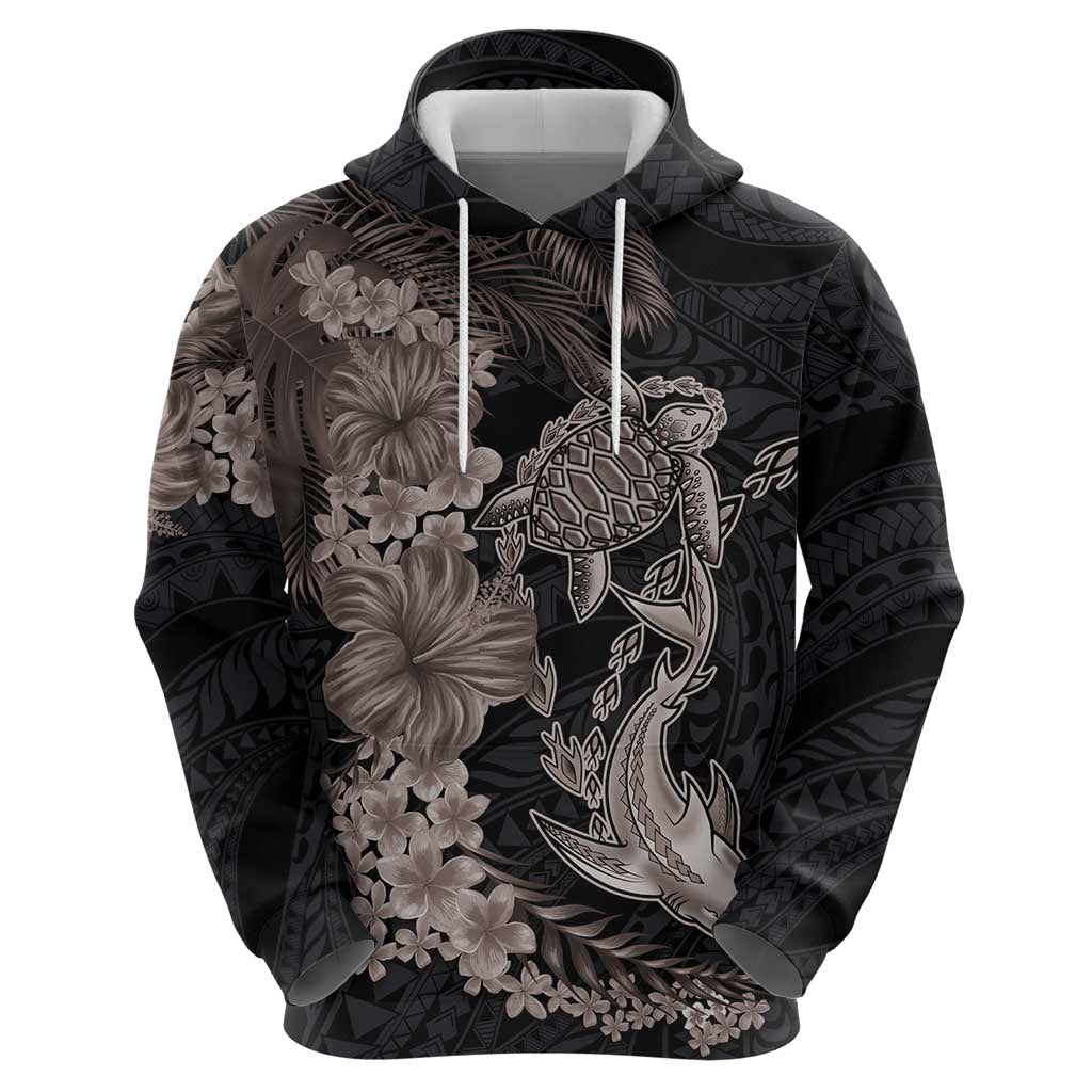 Hawaiian Tropical Plants Turtle and Shark Zip Hoodie Polynesian Art Tattoo Grayscale Color