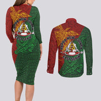 Papua New Guinea East Sepik Province Couples Matching Long Sleeve Bodycon Dress and Long Sleeve Button Shirt Tribal Crocodile Birds of Paradise Melanesian Tattoo