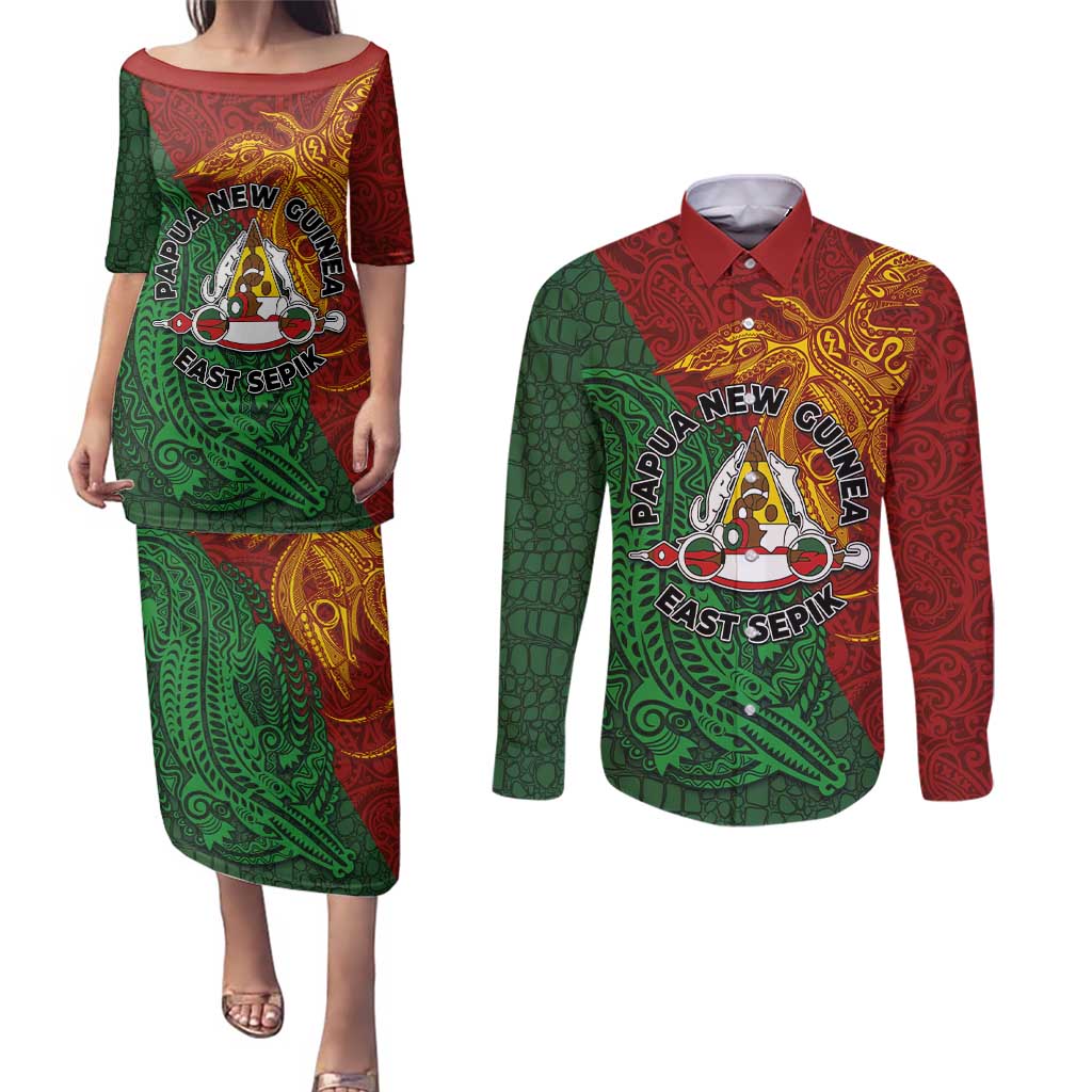 Papua New Guinea East Sepik Province Couples Matching Puletasi and Long Sleeve Button Shirt Tribal Crocodile Birds of Paradise Melanesian Tattoo