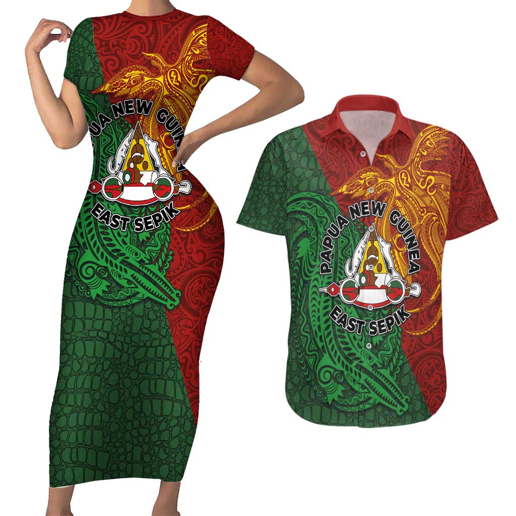 Papua New Guinea East Sepik Province Couples Matching Short Sleeve Bodycon Dress and Hawaiian Shirt Tribal Crocodile Birds of Paradise Melanesian Tattoo