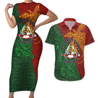 Papua New Guinea East Sepik Province Couples Matching Short Sleeve Bodycon Dress and Hawaiian Shirt Tribal Crocodile Birds of Paradise Melanesian Tattoo